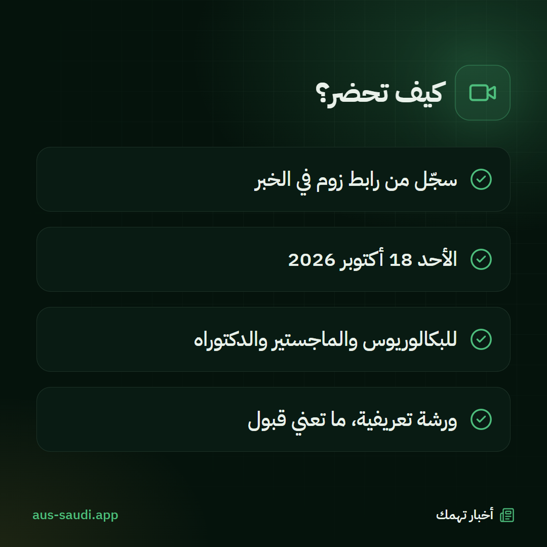كيف تحضر؟، سجّل من رابط زوم في الخبر، الأحد 18 أكتوبر 2026، للبكالوريوس والماجستير والدكتوراه، ورشة تعريفية، ما تعني قبول